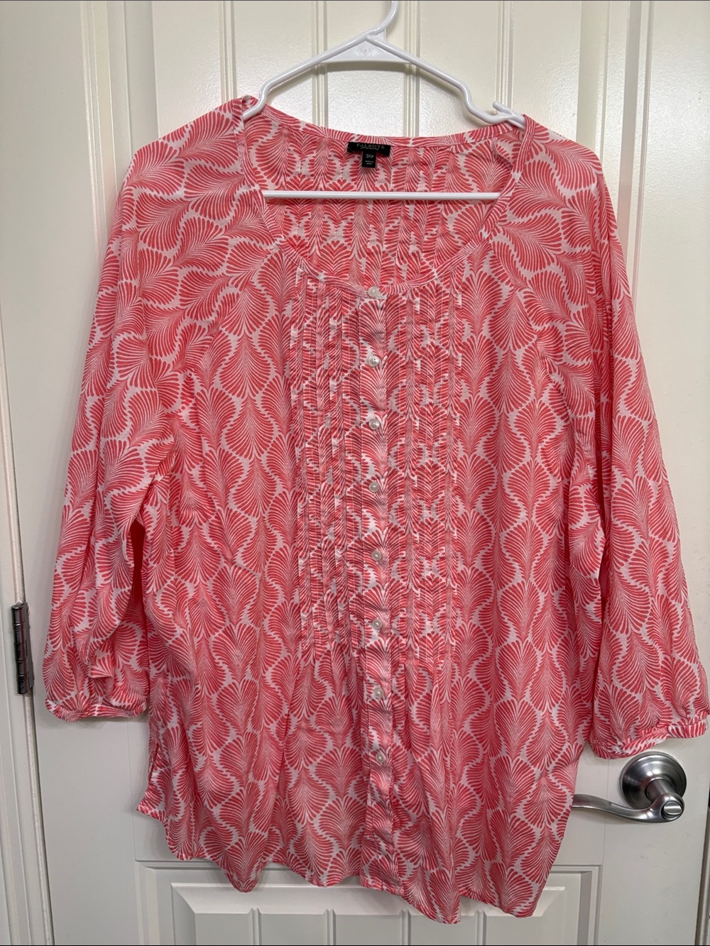Talbots Coral Pink‎ Printed Pintuck Button-Front Blouse
